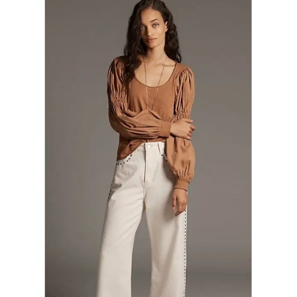 Anthropologie Pilcro NWT Banded puff-sleeve cotton top Camel Brown Pleated Small